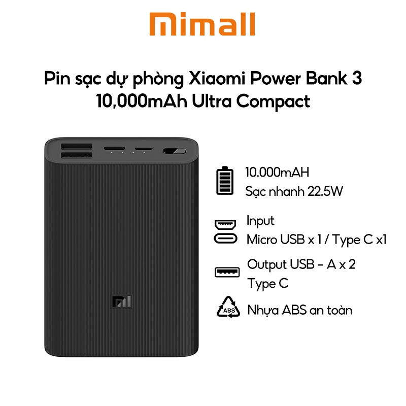 Pin sạc dự phòng Xiaomi Power Bank 3 10,000mAh Ultra Compact - Hàng chính hãng