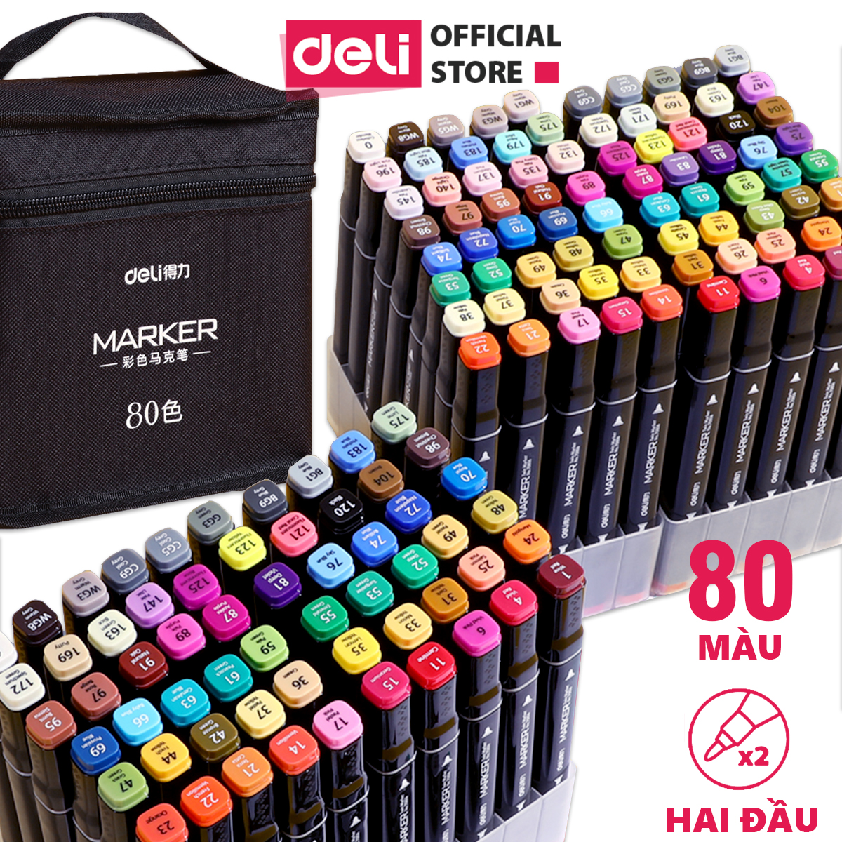 Bút màu marker 30/40/60/80 màu Deli E70806 - màu vẽ chuyên nghiệp kèm túi vải-tặng kèm bảng thử màu