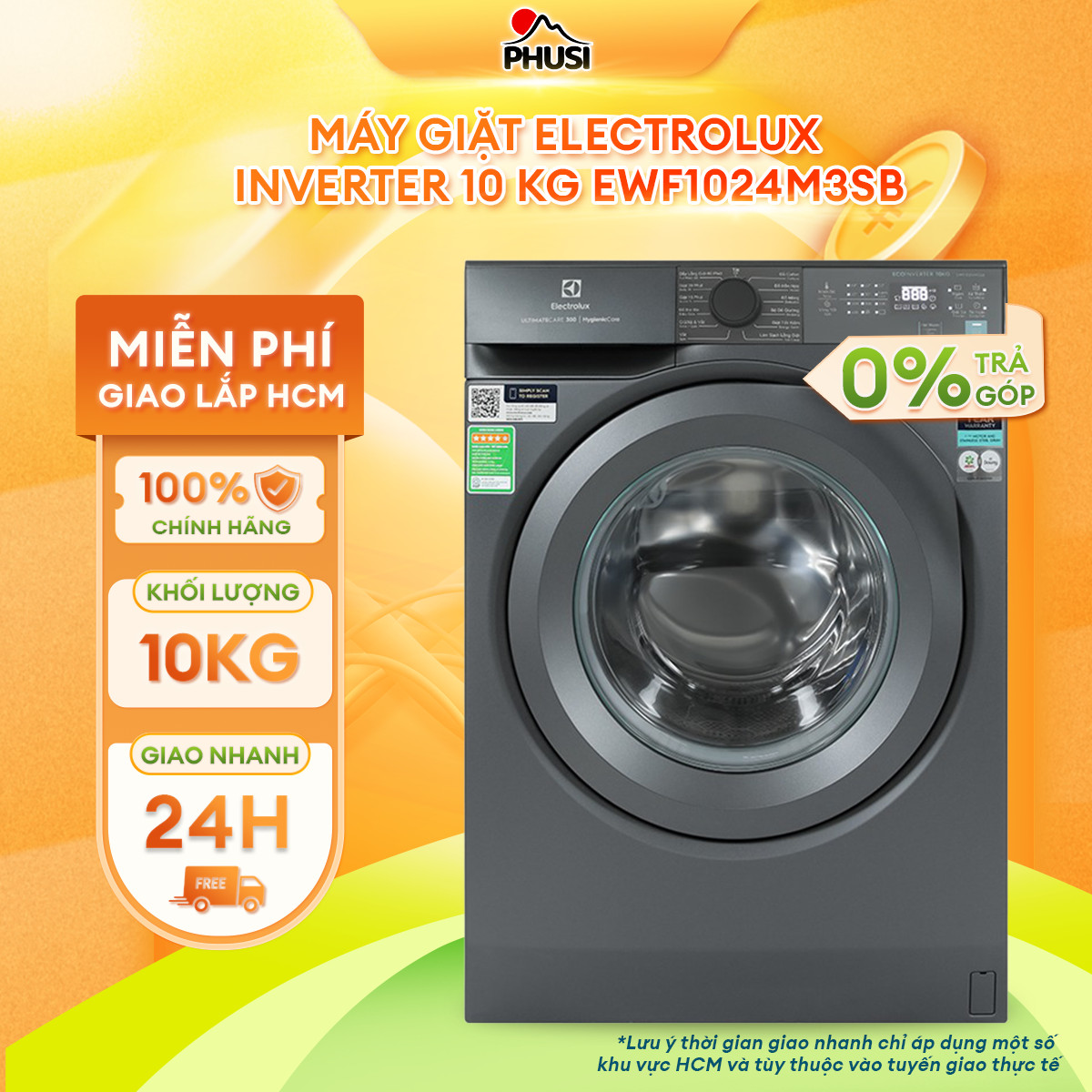[Trả góp 0%] Máy giặt Electrolux Inverter 10 kg EWF1024M3SB (Mới 2023) - Hàng chính hãng
