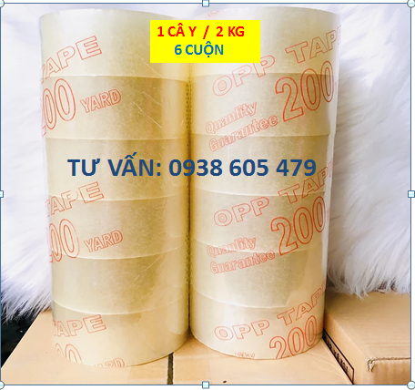 1 cây băng keo trong loại 200 yard - 1 cây trọng lượng 2 kg - 1 cây có 6 cuộn - băng keo dán thùng, siêu dính, bền