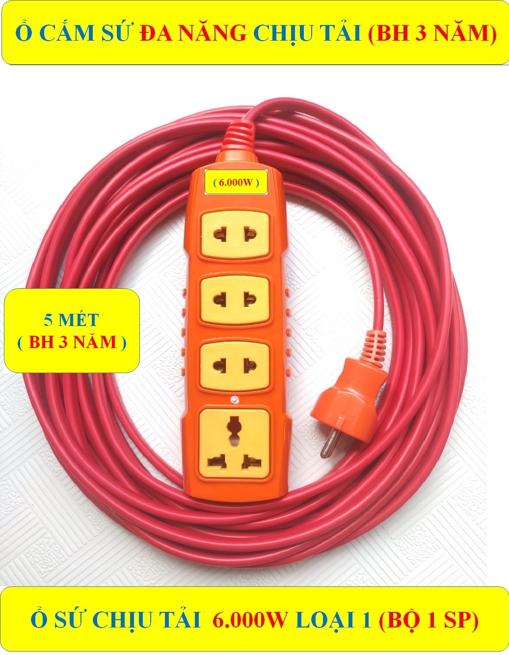 Ổ cắm điện CHỊU TẢI CAO 6.000W đa năng CAO CẤP + Dây 5 MÉT + (BH 3 NĂM) HÀNG LOẠI 1 CAO CẤP + 4 lỗ cắm SỨ chịu tải chịu nhiệt + Đèn LED báo (bộ 1 sản phẩm)