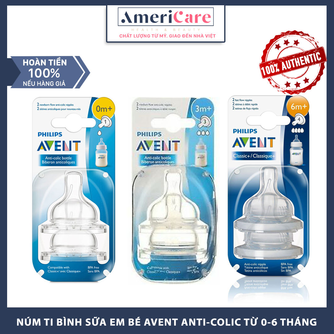 [Bill Mỹ] BỘ 2 NÚM TY AVENT CLASSIC/ NÚM VÚ CHỐNG ĐẦY HƠI (cho bé từ 0-6 tháng)