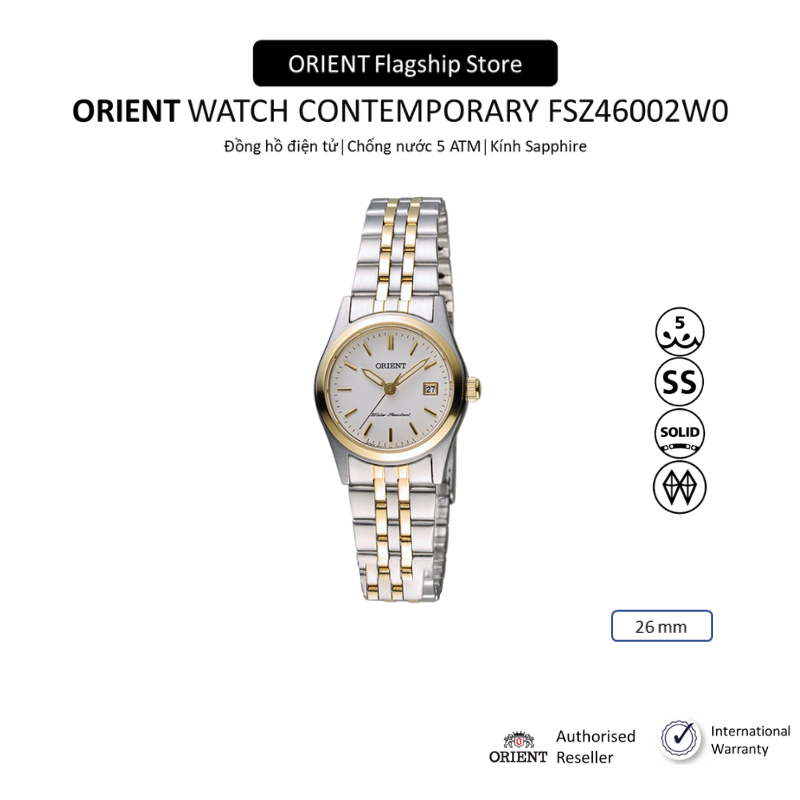 Đồng hồ nữ Orient Watch Contemporary FSZ46002W0 máy pin, mặt kính Sapphire chống xước, dây thép đeo tay cao cấp