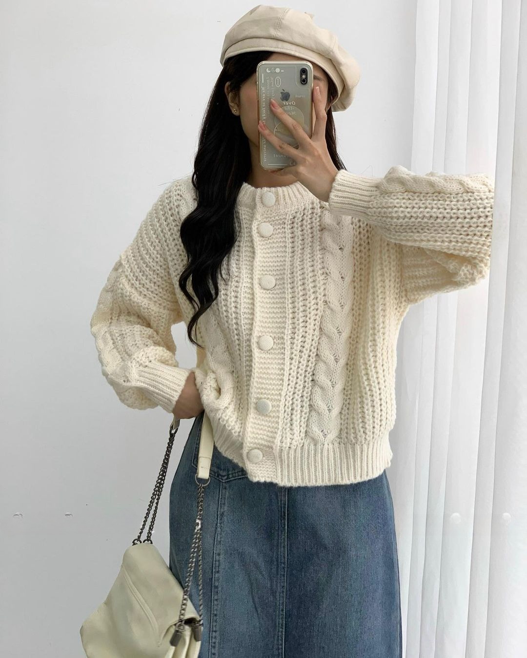 Áo cardigan len thừng cúc bọc dáng lửng phong cách Hàn Quốc