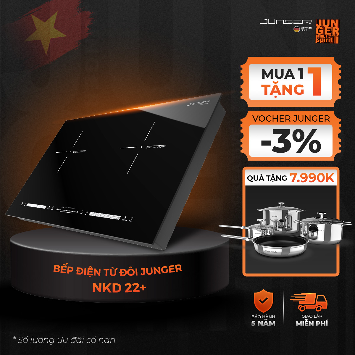 Bếp từ đôi junger nkd-22+ 4000w tích hợp khóa phím an toàn bảo hành 36 tháng