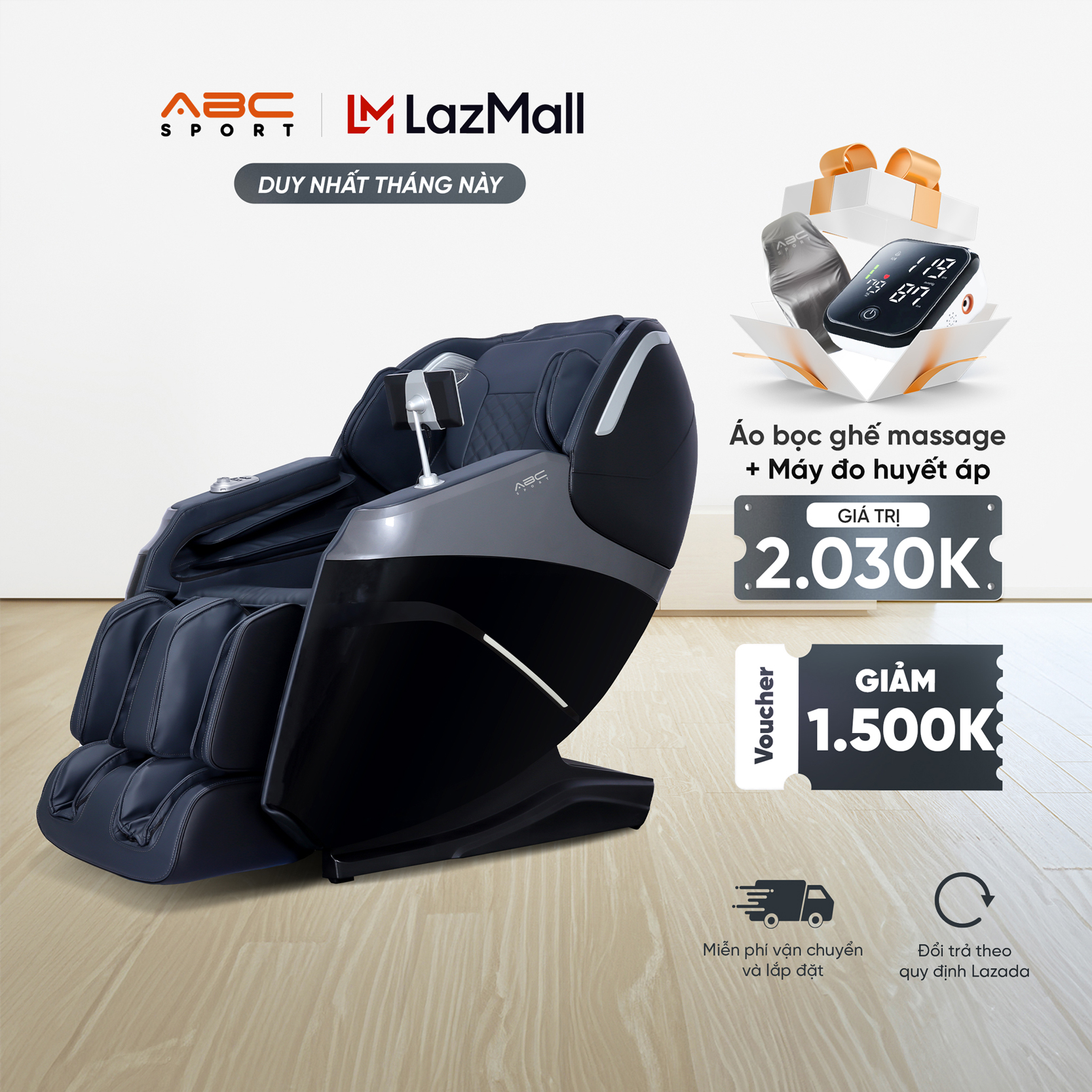 Ghế massage toàn thân ABCSport A22 black công nghệ massage 4D PRO, 12 bài massage tự động, điều khiển bằng giọng nói