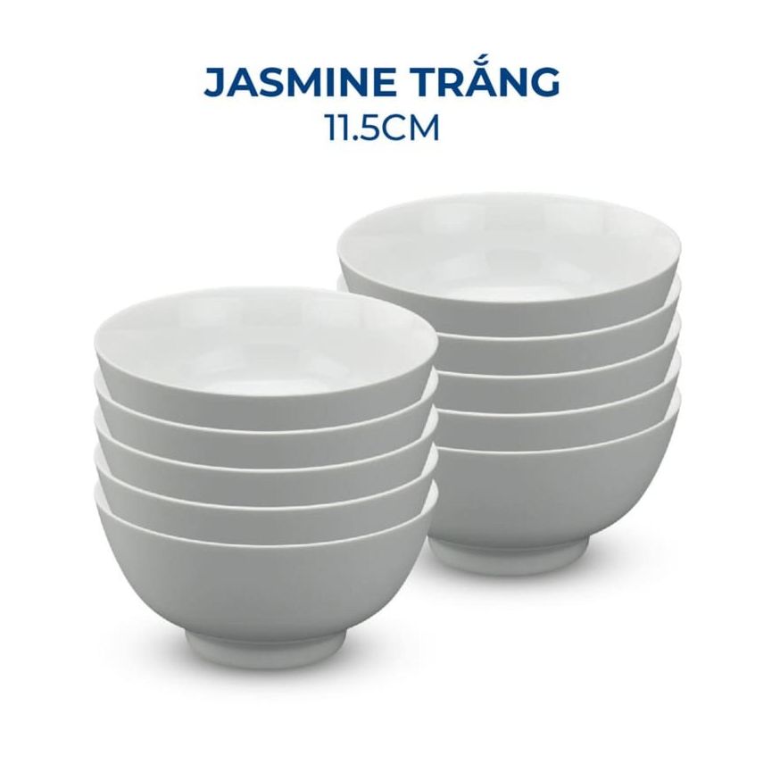 Hộp 10 chén cơm Minh Long - Bát ăn cơm sứ cao cấp 11.5 cm loại Jasmine Trắng