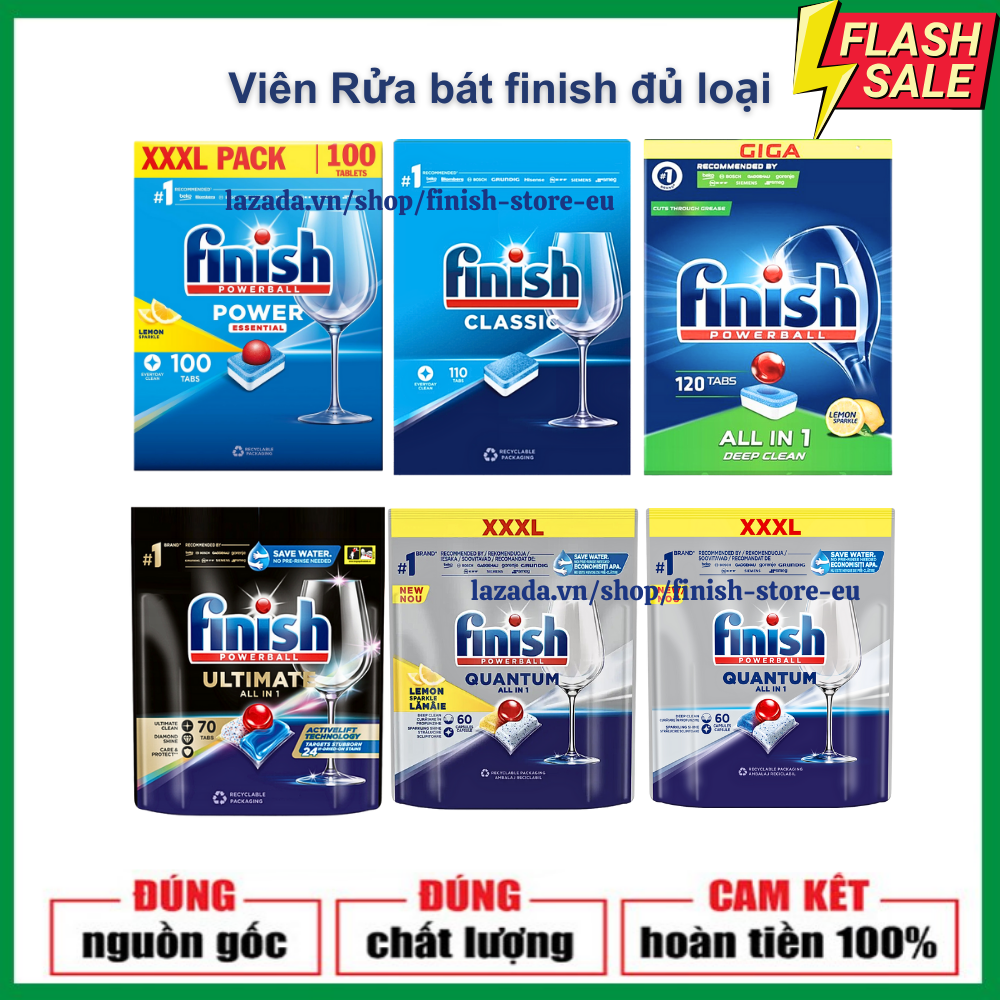 Viên rửa bát Finish All in one Classic Quantum muối bóng bột Finish đủ loại dùng cho máy rửa bát máy rửa chén
