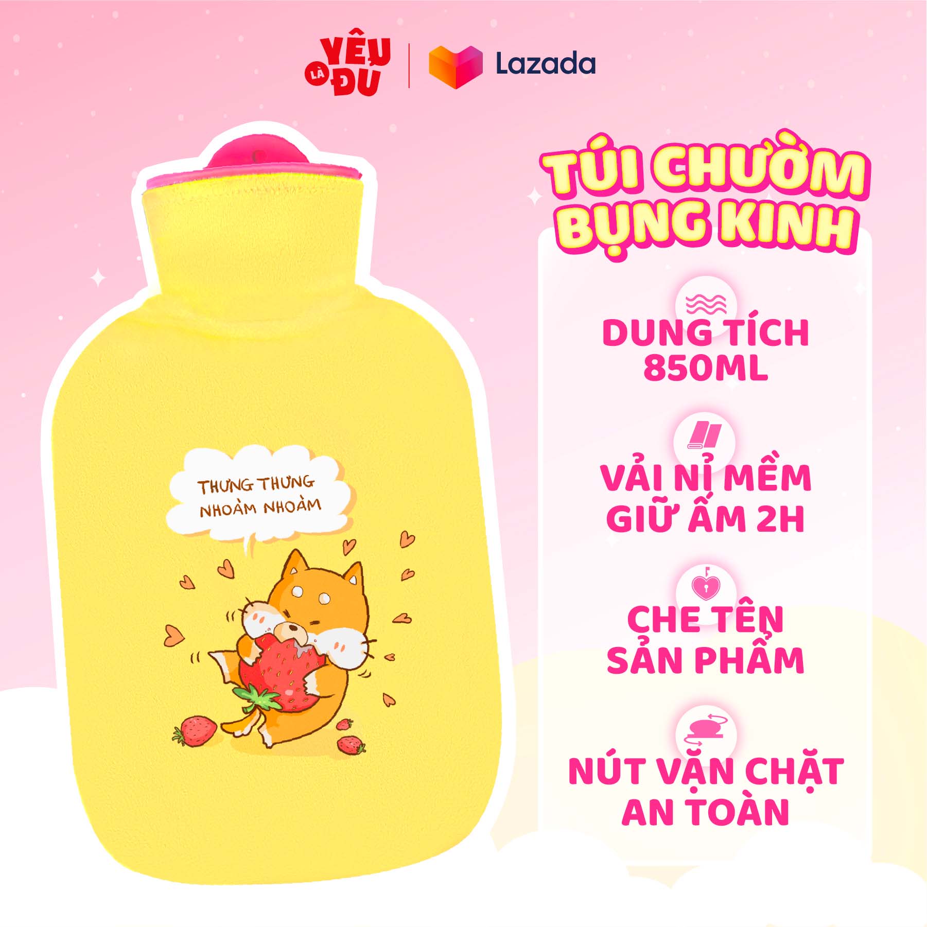 Túi chườm bụng kinh yêu là đủ shop dành cho nam tặng nữ, túi chườm nóng màu vàng hình cún shiba dễ thương 850ml