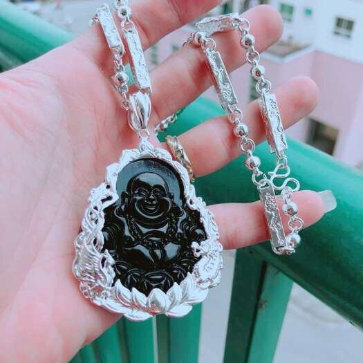 Dây chuyền mặt phật Di Lạc bạc Thái màu đen kèm dây bạc - shop bình minh