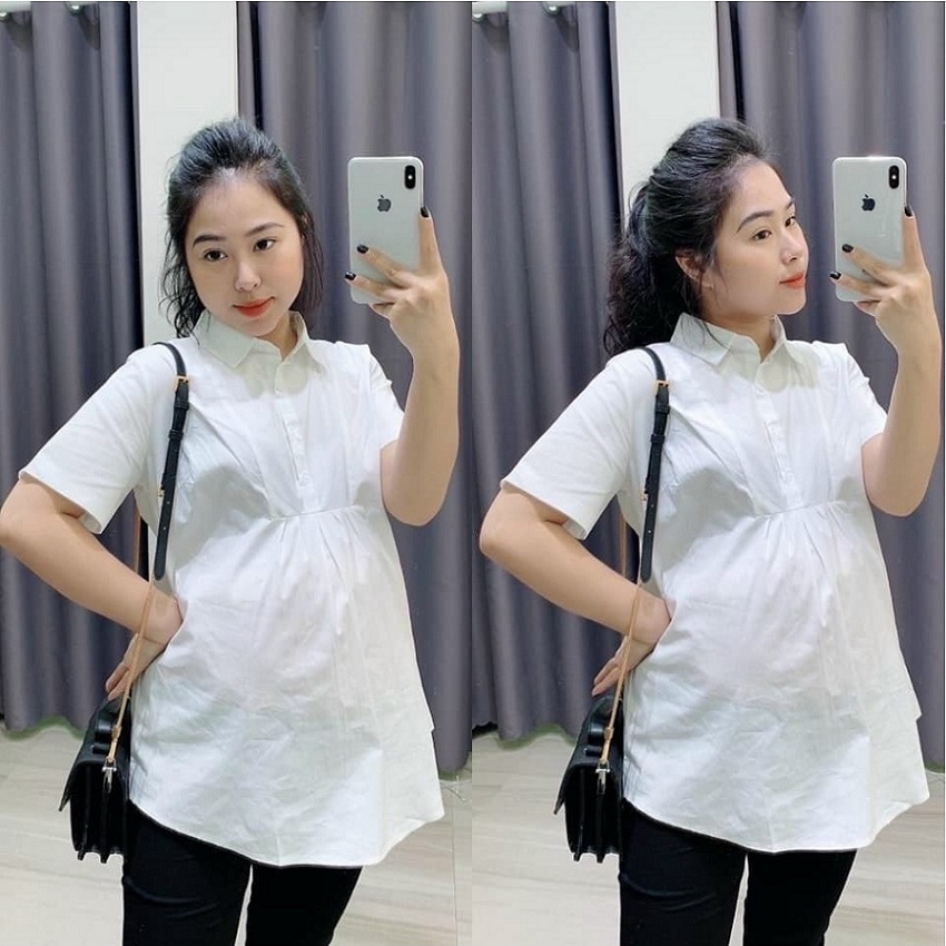 Áo bầu công sở sơmi trắng cộc tay - chất mềm nhẹ mát, trẻ trung. freesize cho mẹ bầu dưới 68kg