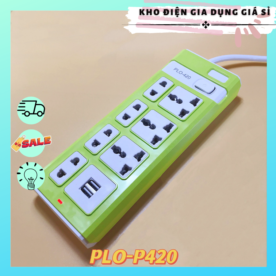 Ổ cắm plo-420 tiện lợi có 2 ổ usb 7 lỗ cắm thường dây dài 2m