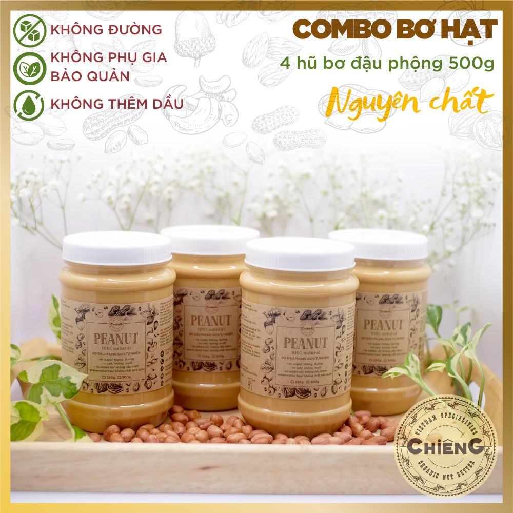Combo 4 hũ 500g - bơ đậu phộng không đường, bơ đậu phộng ăn kiêng, eat clean healthy, ăn chay - chiêng food - 500g