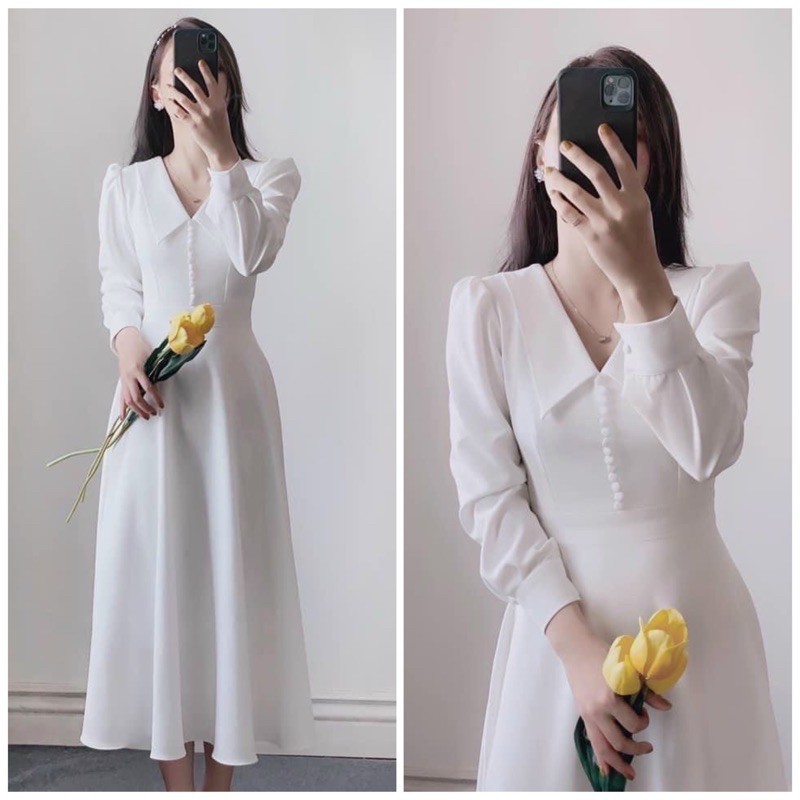 Đầm trắng tay dài nút bọc