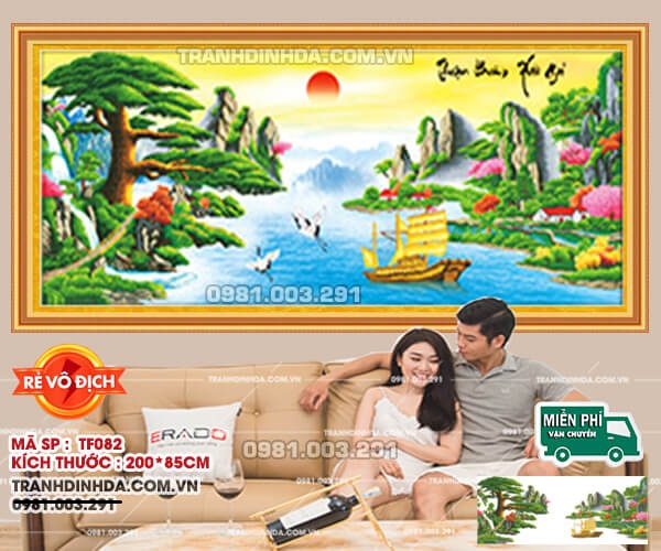 Tranh đính đá phong cảnh thành phẩm thuận buồm xuôi gió đã đính 2mx85cm chưa khug