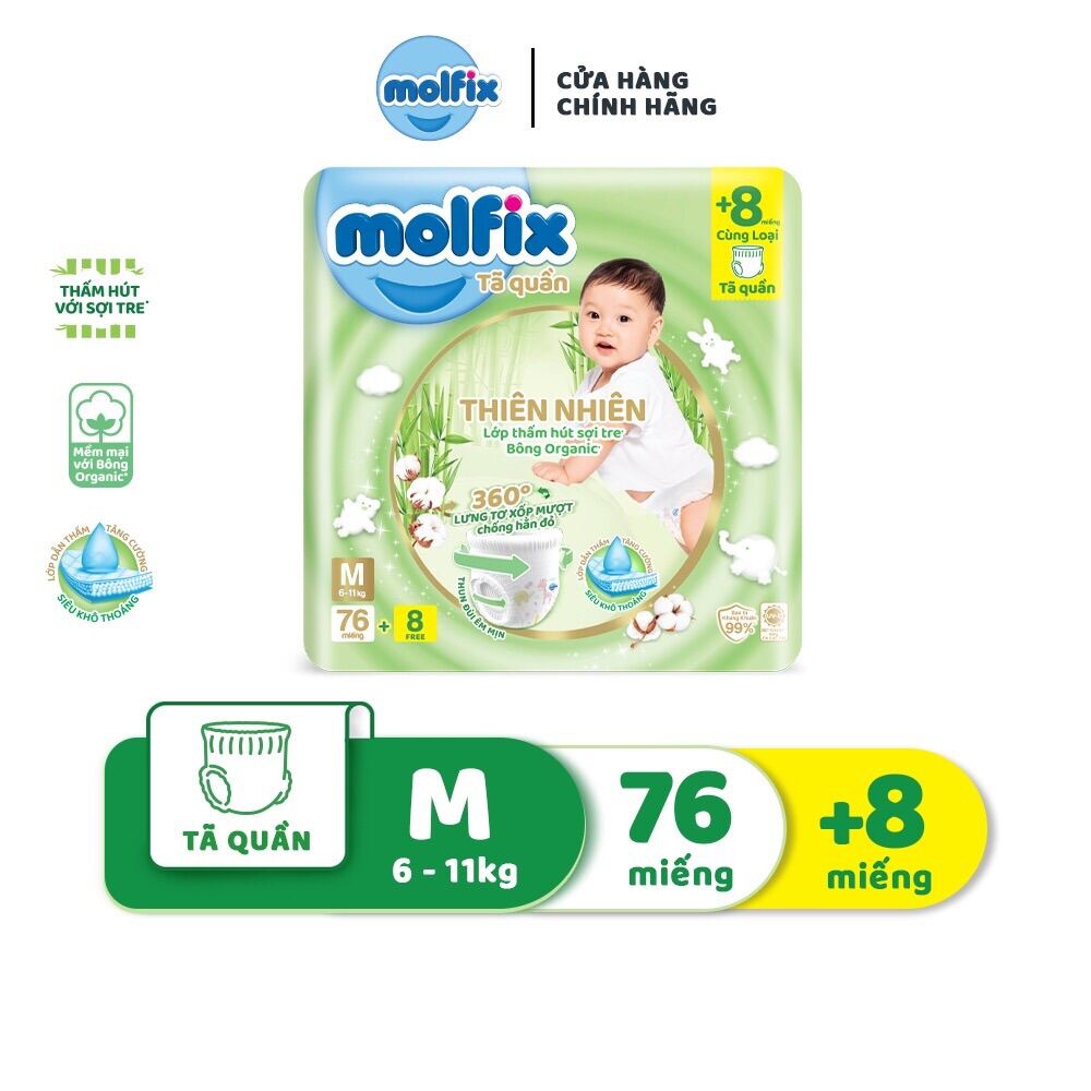 Tã / bỉm quần Molfix thiên nhiên kháng khuẩn chóng hăm M76+8  / L68+8 / XL62+8 / XXL56+8