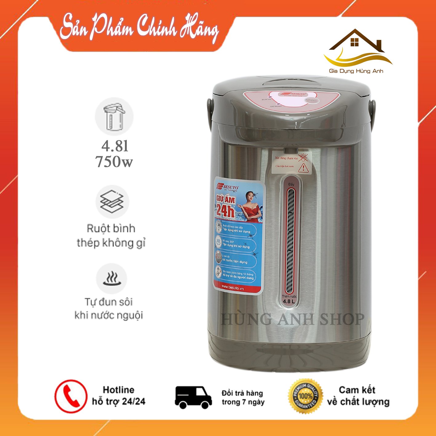 Bình Thủy Điện BESUTO 4,8L Thái Lan, Kiểu Dáng Chắc Chắn, Đun Nóng Nhanh, Giữ Ấm Lâu, Tiện Dụng, Bền Đẹp, Bảo hành 12 Tháng