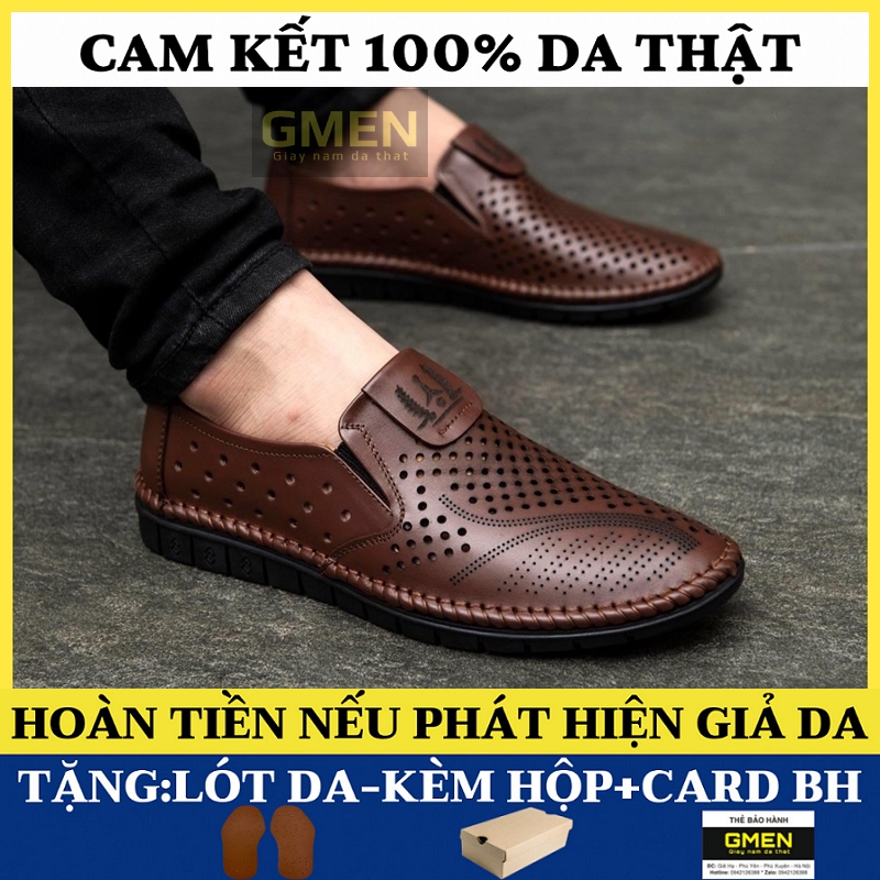 Giày da nam chất liệu da bò lỗ thoáng mát đế cao su bảo hành 1 năm GM0635