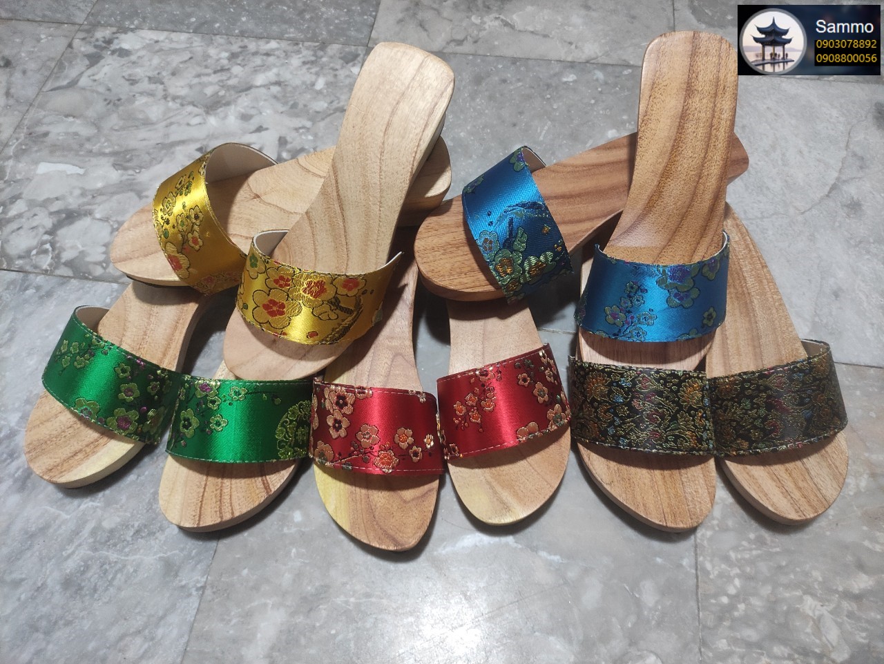 Guốc gỗ guốc mộc cao 5 phân quai gấm lụa đủ màu