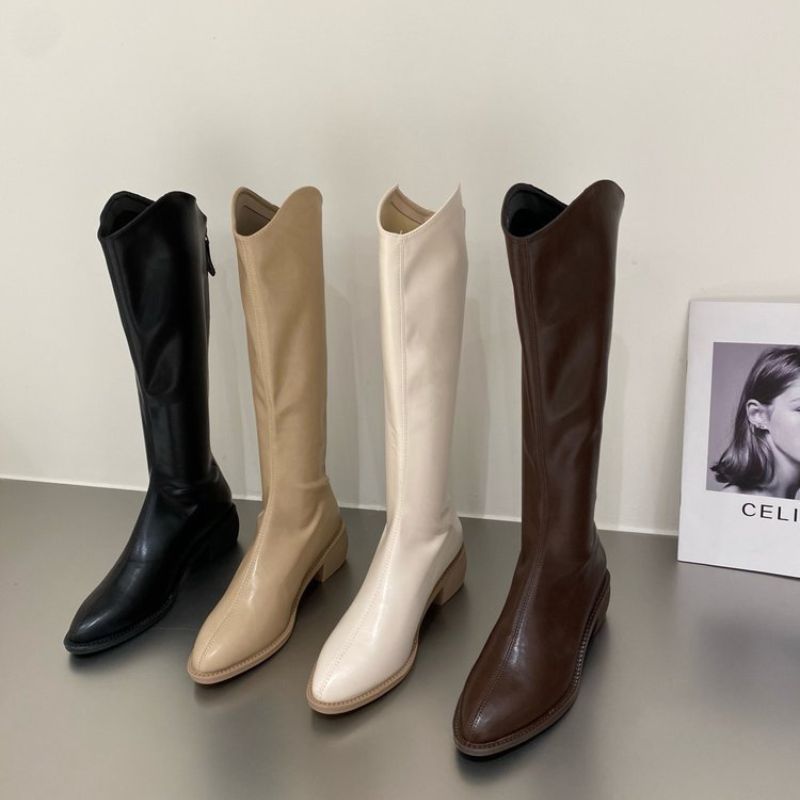 Boot nữ boot đùi đế bằng cao 5cm da mềm cổ V hot hit GINITO