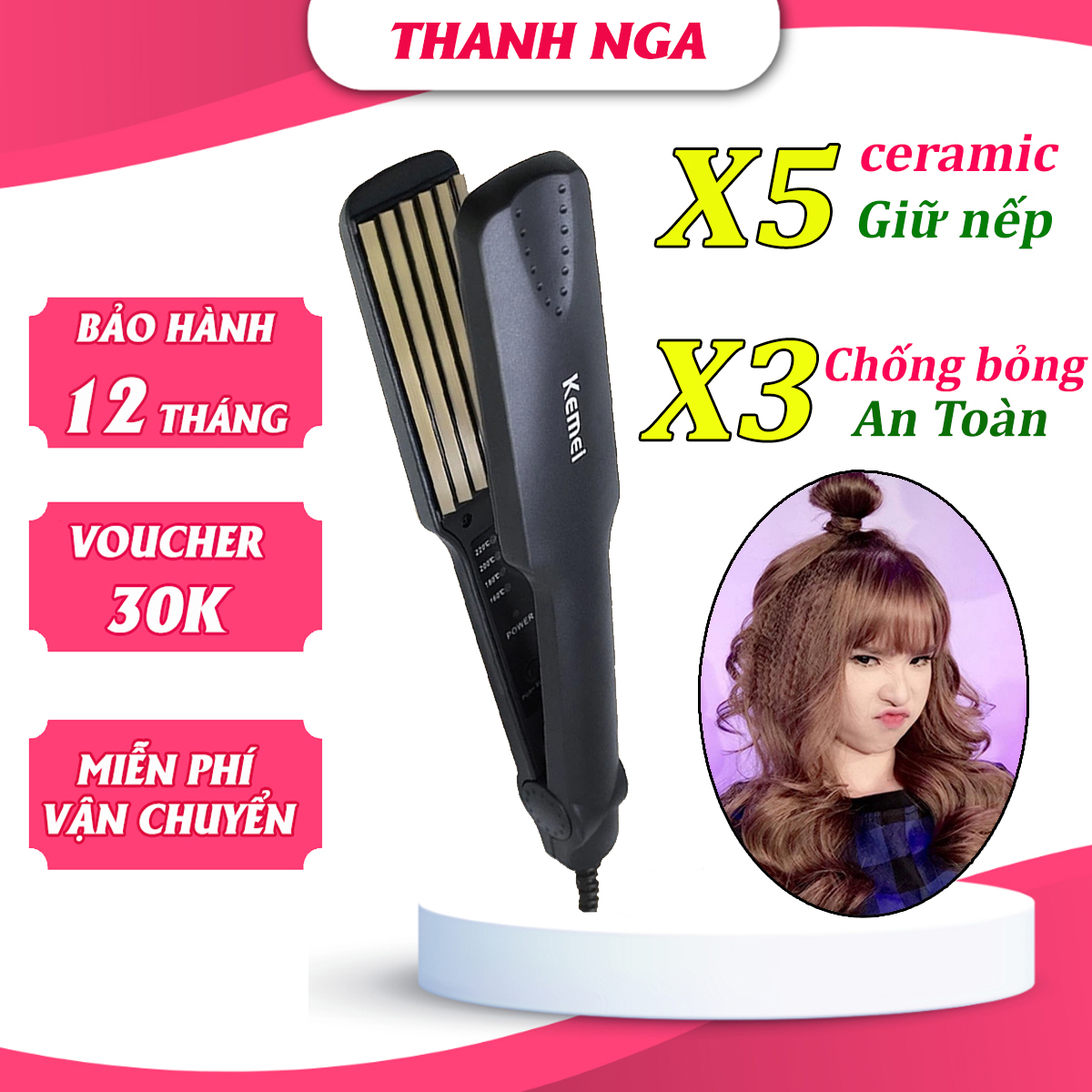 Máy dập xù tóc bản to, máy bấm phồng chân tóc Kemei KM-322, máy bấm tóc mini gợn sóng giá rẻ công suất lớn, tiết kiệm điện, bảo vệ tóc không gây hư tổn, phù hợp mọi chất tóc