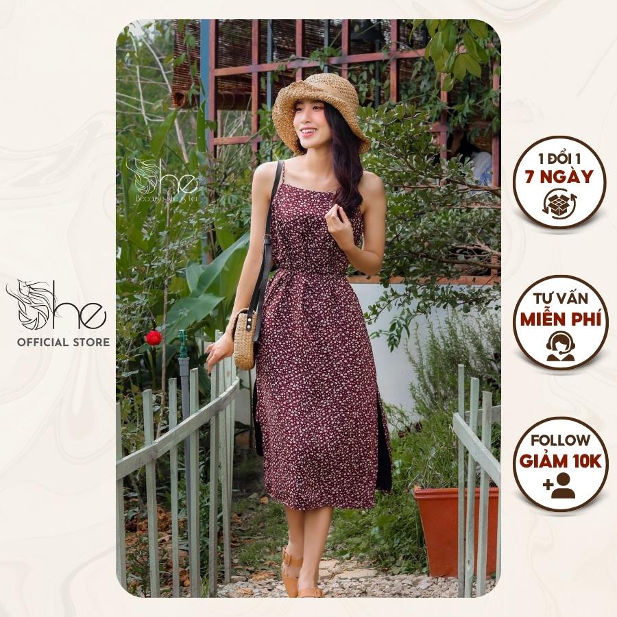 Đầm váy hai dây nữ She đầm hoa nhí dáng suông basic kèm thắt lưng chất voan SDX86