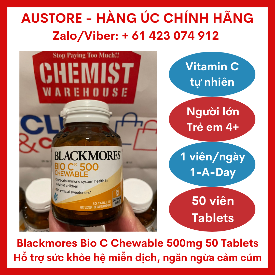 [Bill Úc, Date mới] Blackmores Bio C Chewable 500mg 50 Tablets - Viên bổ sung vitamin C tự nhiên dạng nhai Blackmore Úc giúp tăng cường sức khỏe miễn dịch, ngăn ngừa cảm cúm, làn da khỏe đẹp