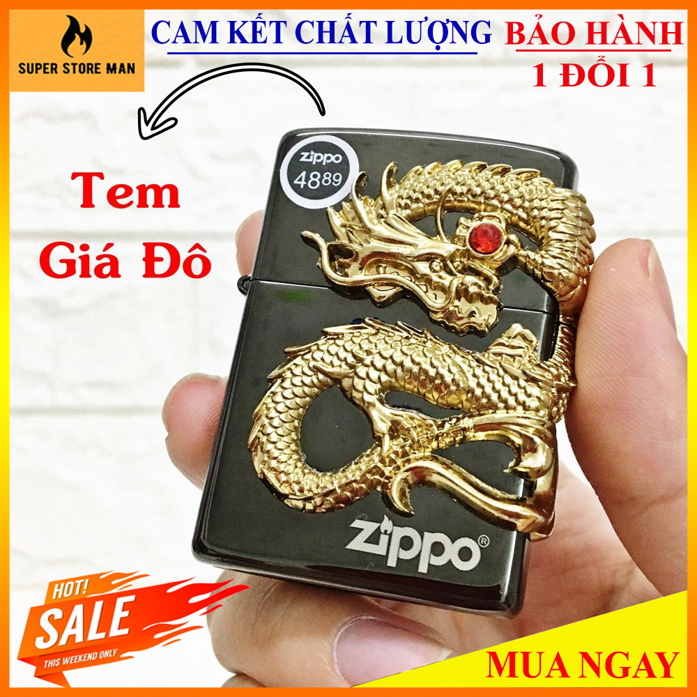 [BẢN GIỚI HẠN] Bật Lửa, Hộp Quẹt Zippo-Mỹ Mạ Chorme Cao Cấp – Made In Usa Có Tem Đỏ – Khắc Sâu Mộc Đáy, Vỏ Ruột Trùng Khớp - Rồng Nối Cẩn Ngọc Cực Chất – Hàng Xịn Full Box#Đen