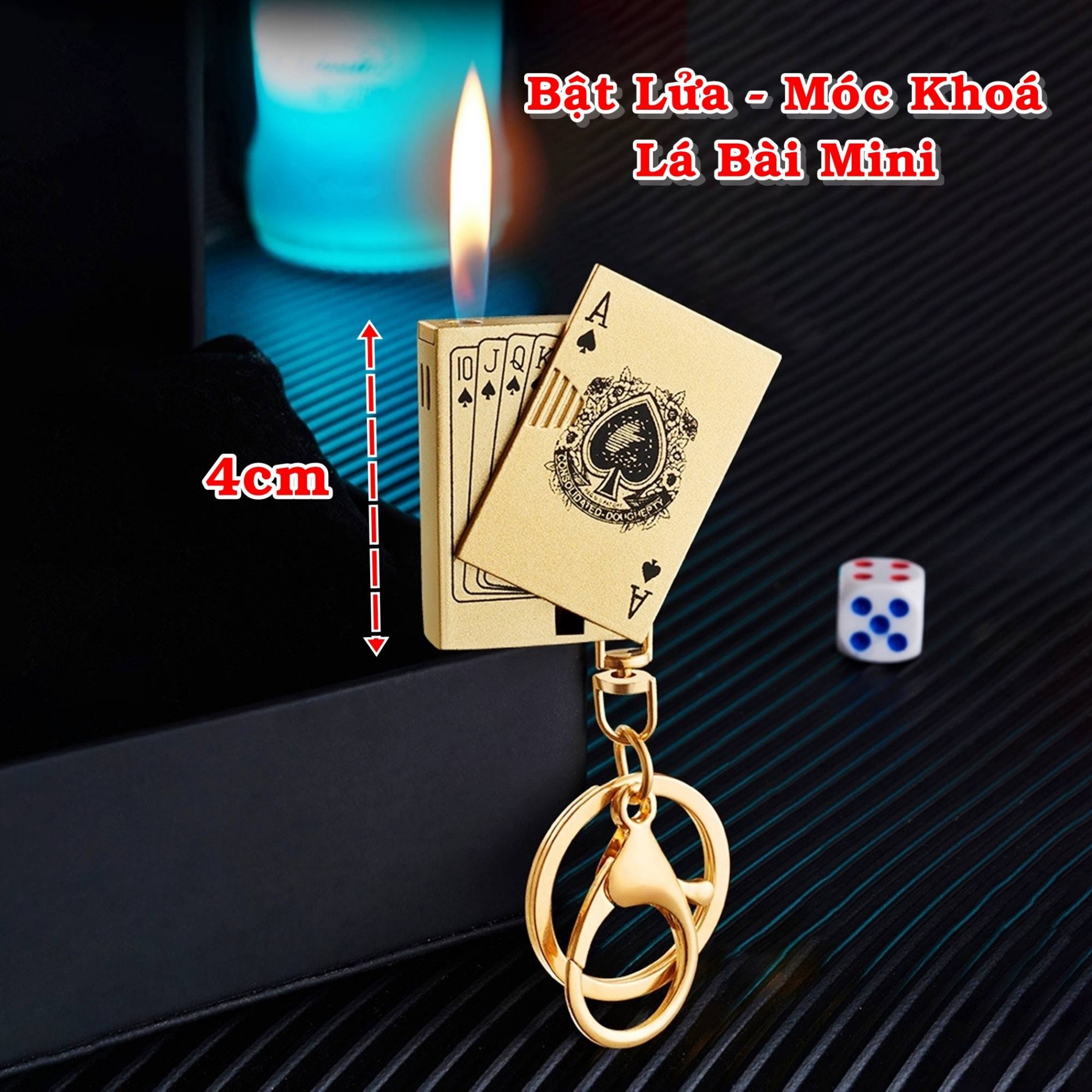 Hột quẹt bật lửa móc khóa hình lá bài mini - - cực may mắn-kim loại nguyên khối- bật lửa hột quẹt sinh tồn-có tại shop khai tâm