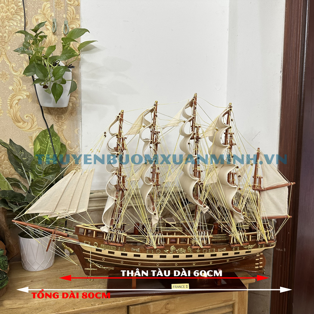 [Dài 80cm] Mô hình thuyền gỗ trang trí - thuyền gỗ chở hàng phong thủy France II - Thân tàu dài 60cm - Gỗ Xoan Đào