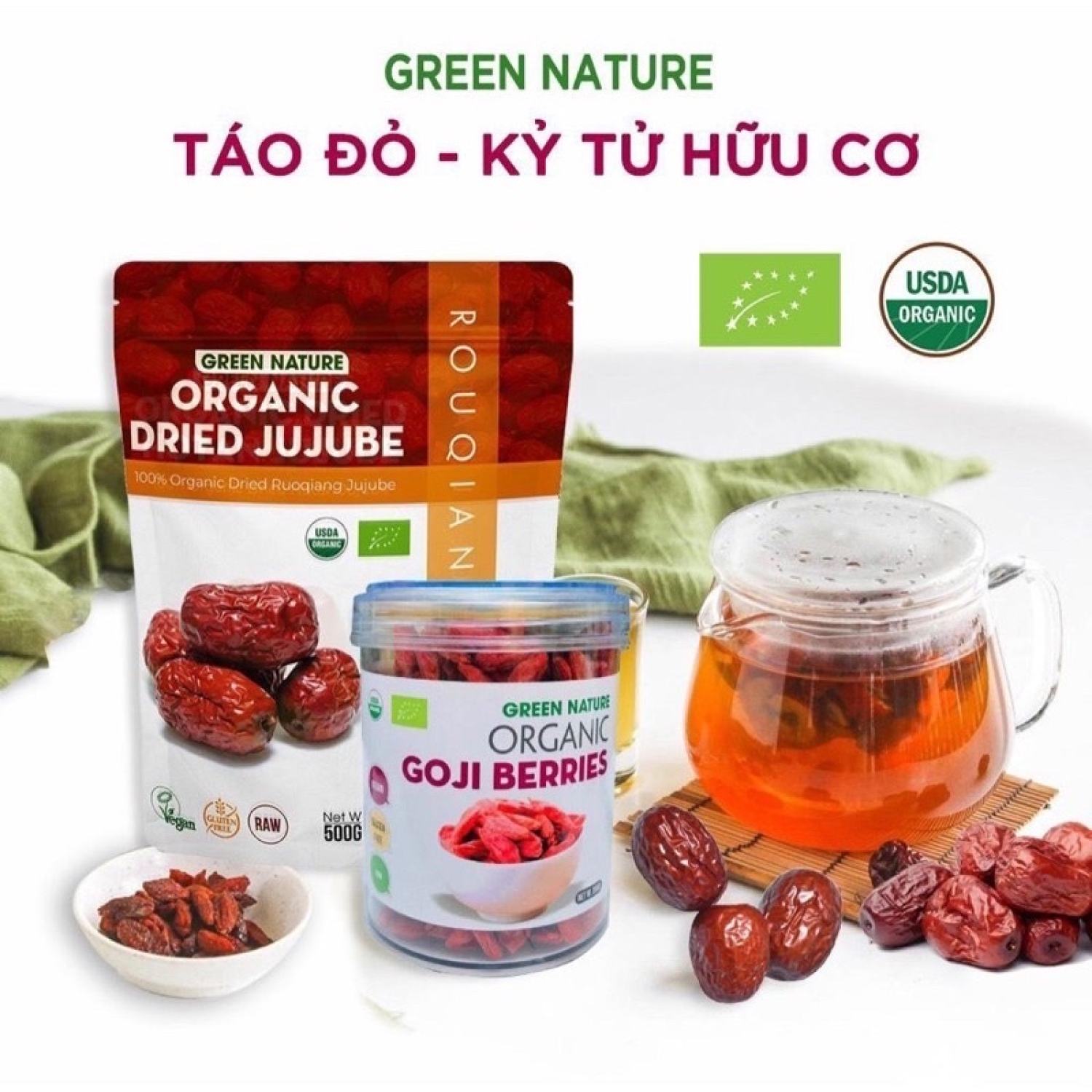 Táo đỏ, kỷ tử hữu cơ Green Nature cao cấp, dùng để hầm canh, súp, chưng yến,..