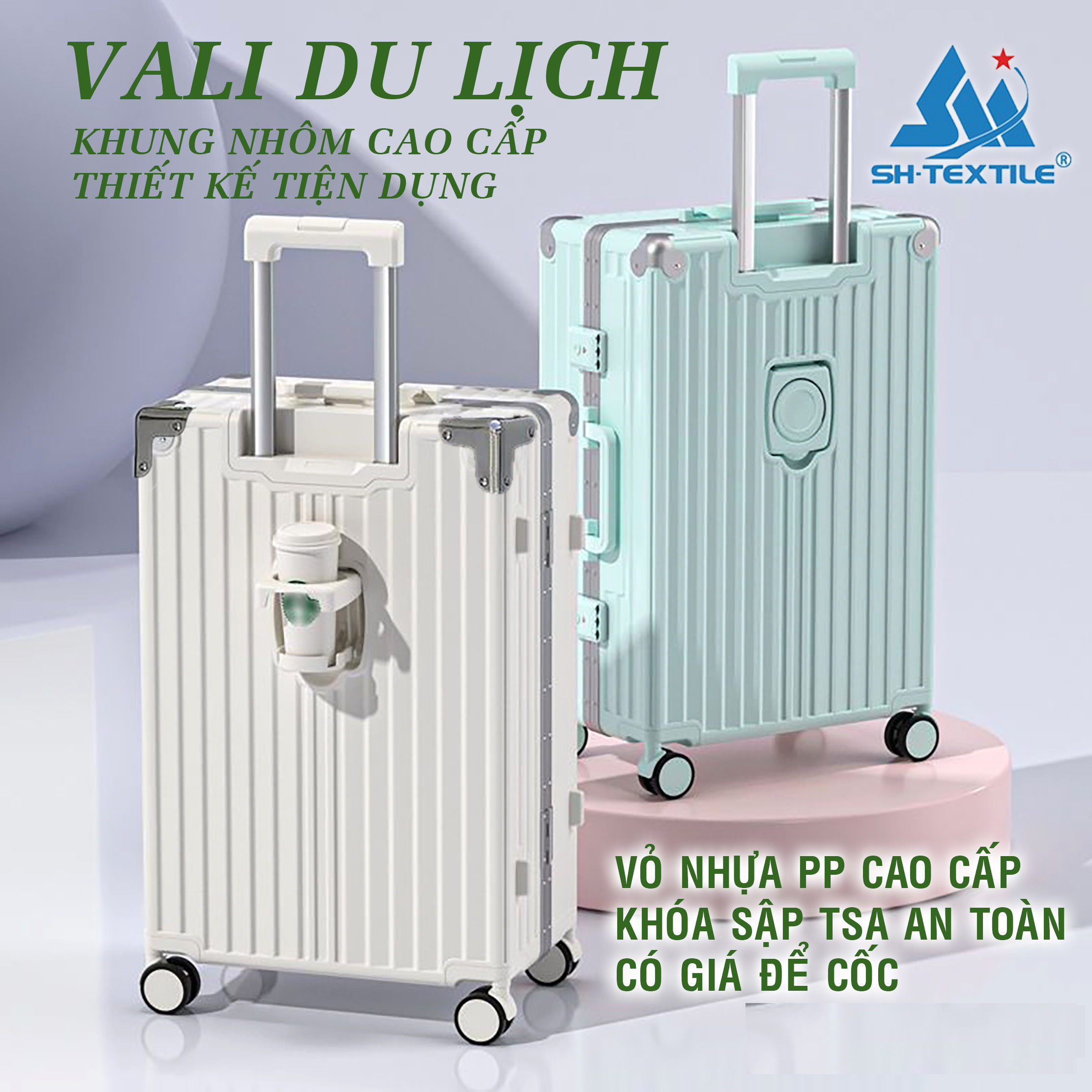 Vali khung nhôm khóa sập có giá để cốc size 20 size 24 nhám chống xước CÓ TẶNG KÈM BỌC VALI