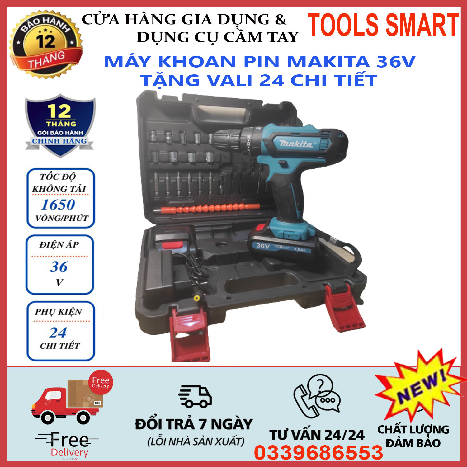 Máy khoan pin makita 36v có búa - 3 chức năng khoan vít búa - 24 phụ kiện motor lõi đồng 100% . máy khoan pin cầm tay , máy khoan pin 36v . bảo hành 12 tháng