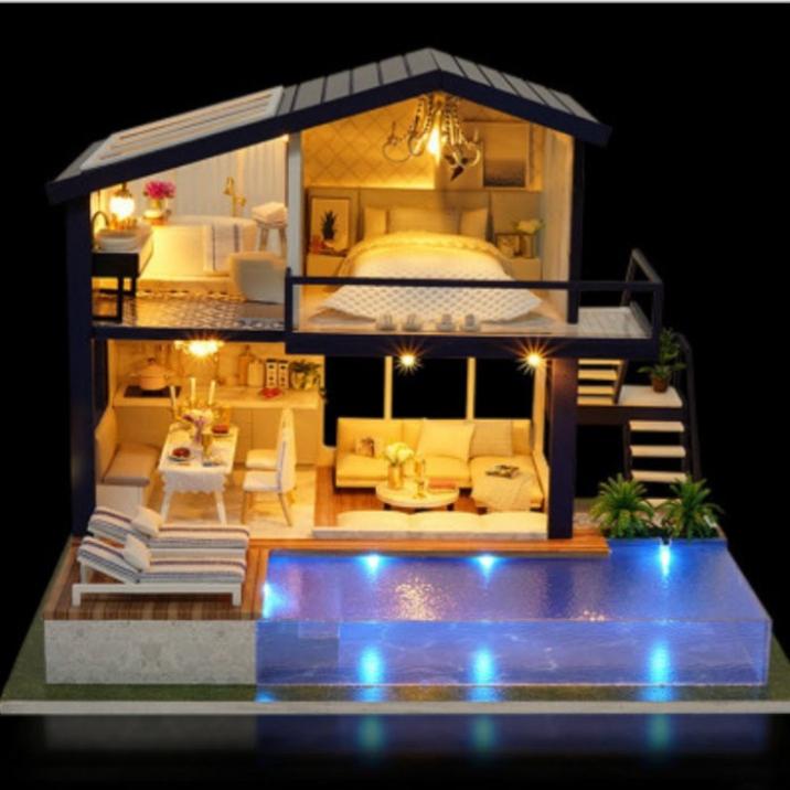 Mô hình nhà gỗ DIY Biệt thự sang trọng bao gồm mica che bụi