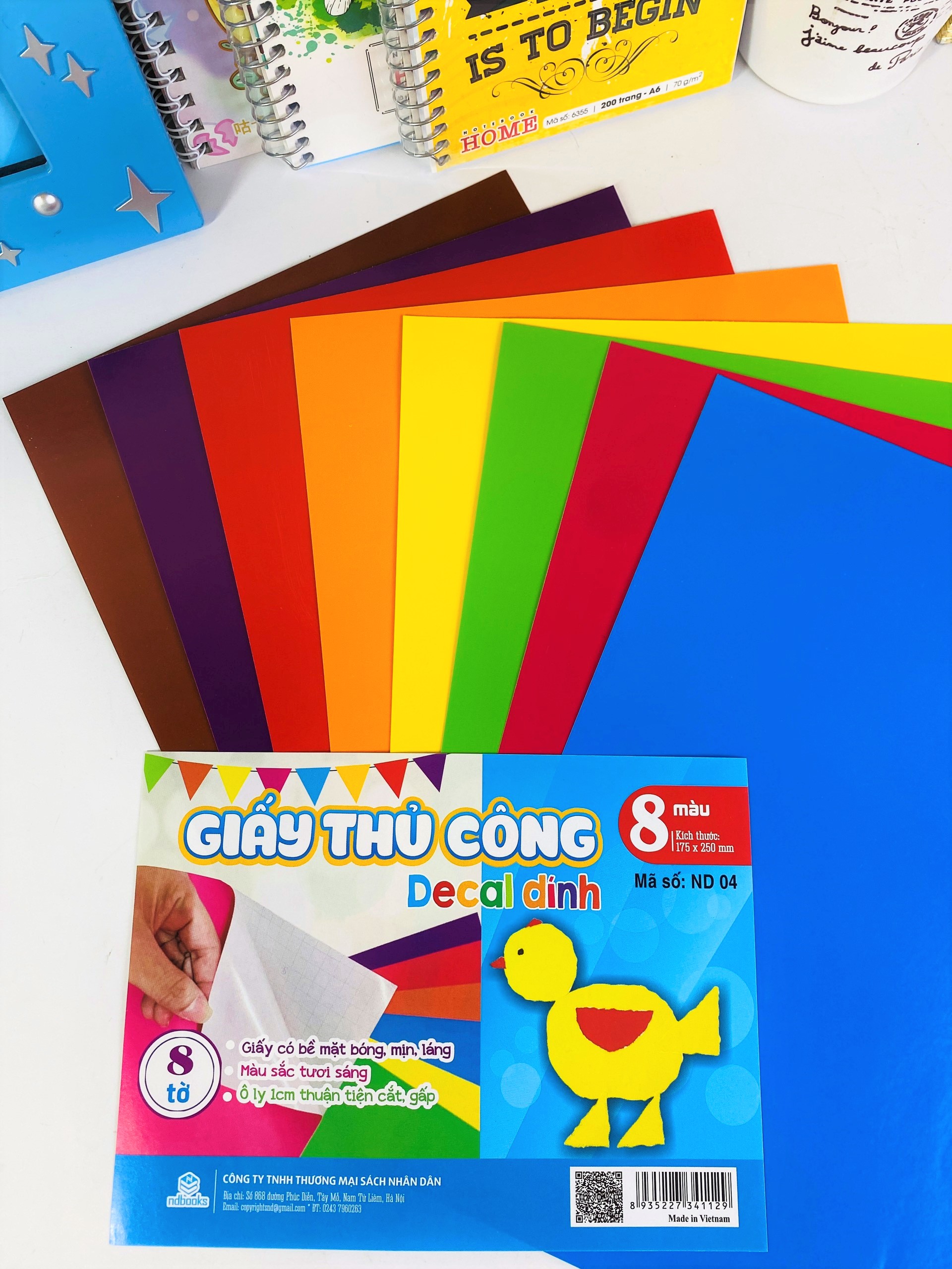 Combo 5 tập giấy thủ công 08 màu 08 tờ nd 04 - có decan dán sẵn