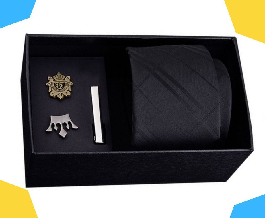 Bộ 4 món cà vạt 6cm cao cấp, ghim cài áo, kẹp cà vạt đóng hộp sang trọng làm quà tặng cho nam giới