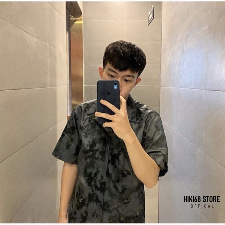Áo sơ mi cộc tay họa tiết loang unisex/áo sơ mi tay lỡ có cổ trẻ trung năng động