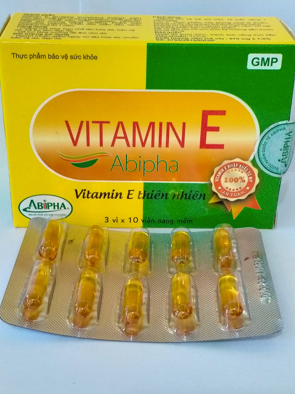 VITAMIN E Abipha Hộp 30 viên Chống lão hóa giúp làm đẹp da,cho làn da căng mọng tươi sáng.