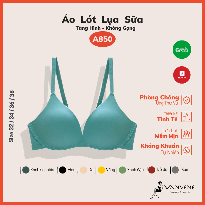 Áo Lót Nữ Lụa Sữa Vanvene Tàng Hình Không Gọng Đệm Mỏng Chống Hở Viền Ôm Trọn 3/4 Bầu Ngực Tự Nhiên Đủ Size 32-34-36-38 A850 - Vanvene Luxury