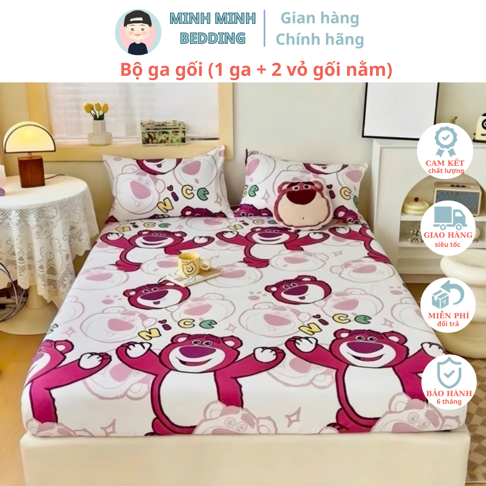  Bộ ga gối trải giường Ga bo chun bọc đệm vải Cotton 3D Ga kèm 2 vỏ gối nằm mẫu GẤU DÂU nhiều kích thước Ga giường - MinhMinh Bedding 