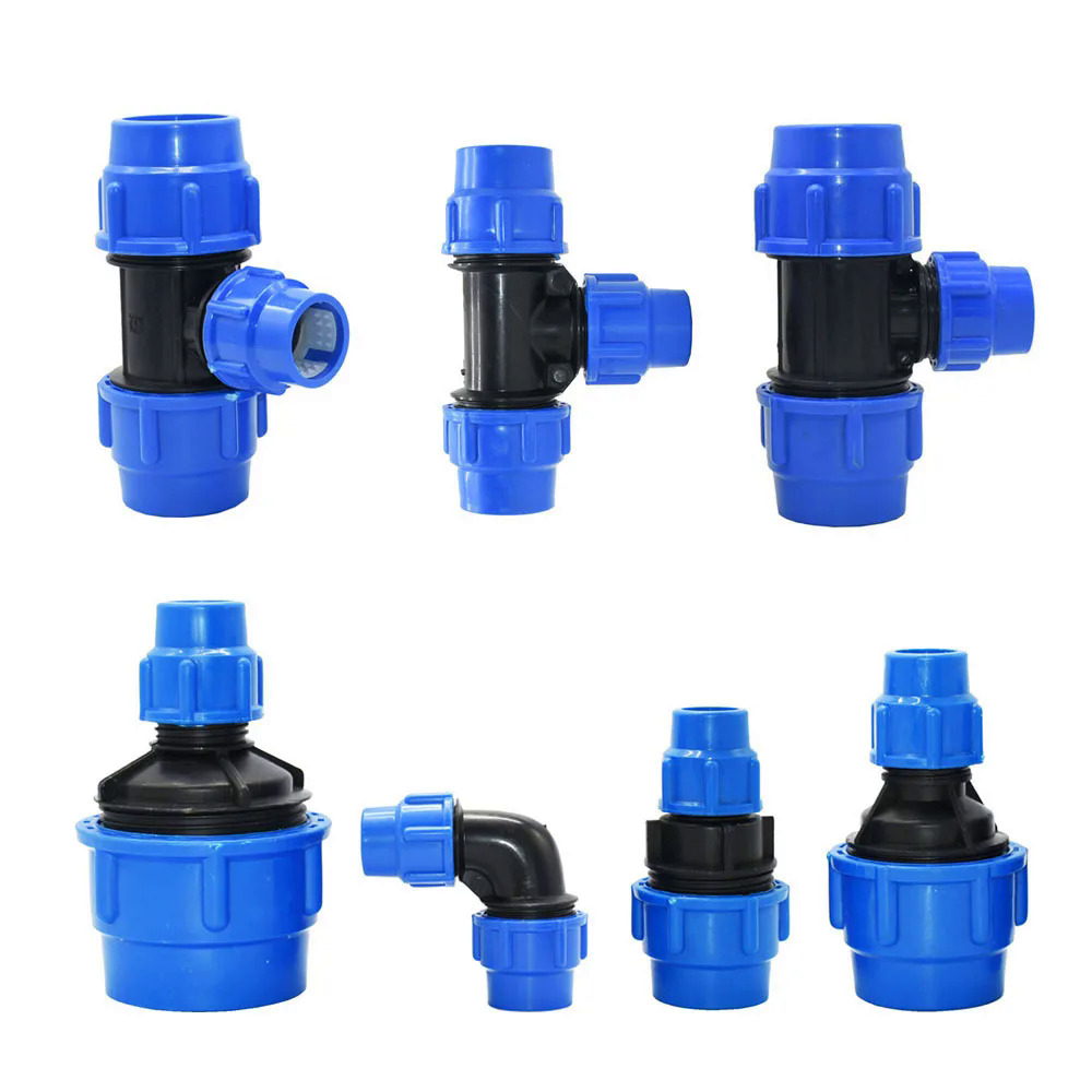 PE ống nhanh chóng kết nối giảm khuỷu tay TEE nước Splitter 63/50/40/32/25/20mm nhựa Coupler trang trại phụ kiện đường ống nước