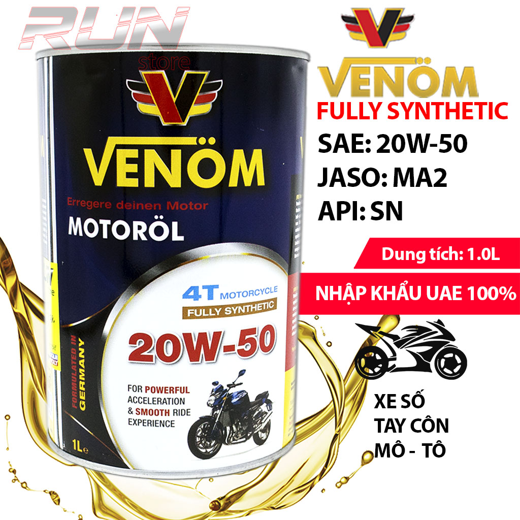 Nhớt tổng hợp venom 20w50 jaso ma2 1000ml - dùng cho xe phổ thông – nhớt nk đạt tiêu chuẩn quatest 3 - venom fully synthetic sae 20w50 jaso ma2 api sn 1000ml