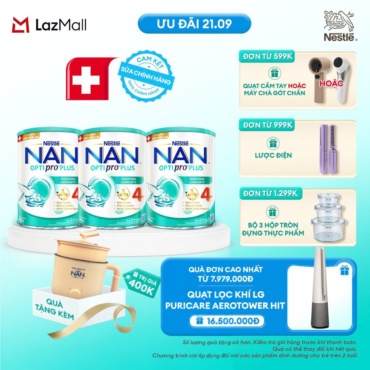 [CHỈ 21.09 QT ĐƠN 599K/999K/1299K][Tặng nồi đa năng Gaabor] Combo 3 lon Sữa bột Nestlé NAN OPTIPRO PLUS 4 800g/lon với 5HMO Giúp tiêu hóa tốt + Tăng cường đề kháng