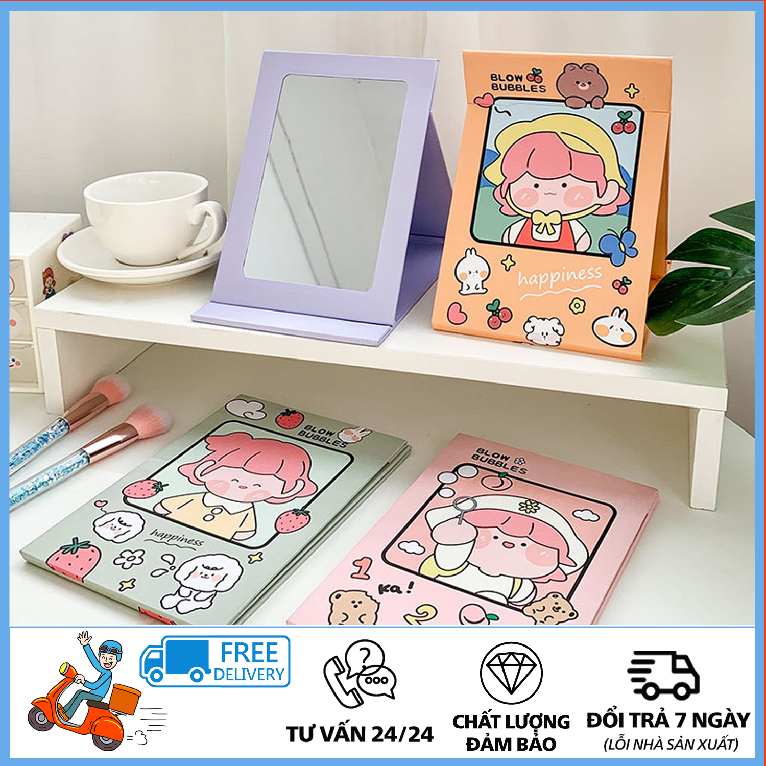 Gương trang điểm - Gương trang điểm mini, gấp gọn -Gương, Gương Giấy, Gương Giấy Xếp Gọn, Gương Trang Điểm Để Bàn Gấp Gọn Hình Cô Gái Nhật Bản