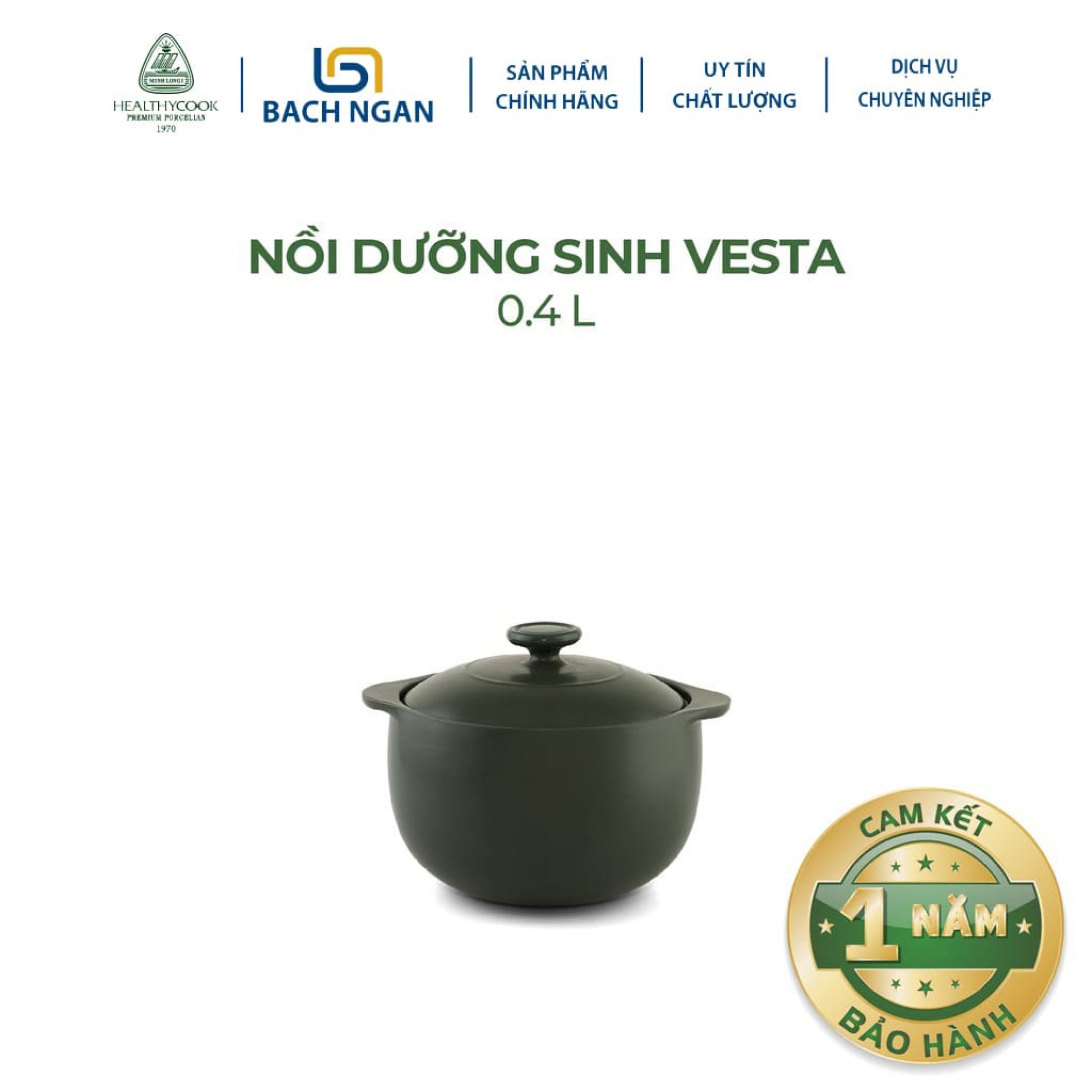 Nồi Sứ Dưỡng Sinh Minh Long Vesta 0.4L có nắp đậy, tráng men màu sứ xanh rêu, có thể kho cá, hầm cháo - nồi đất