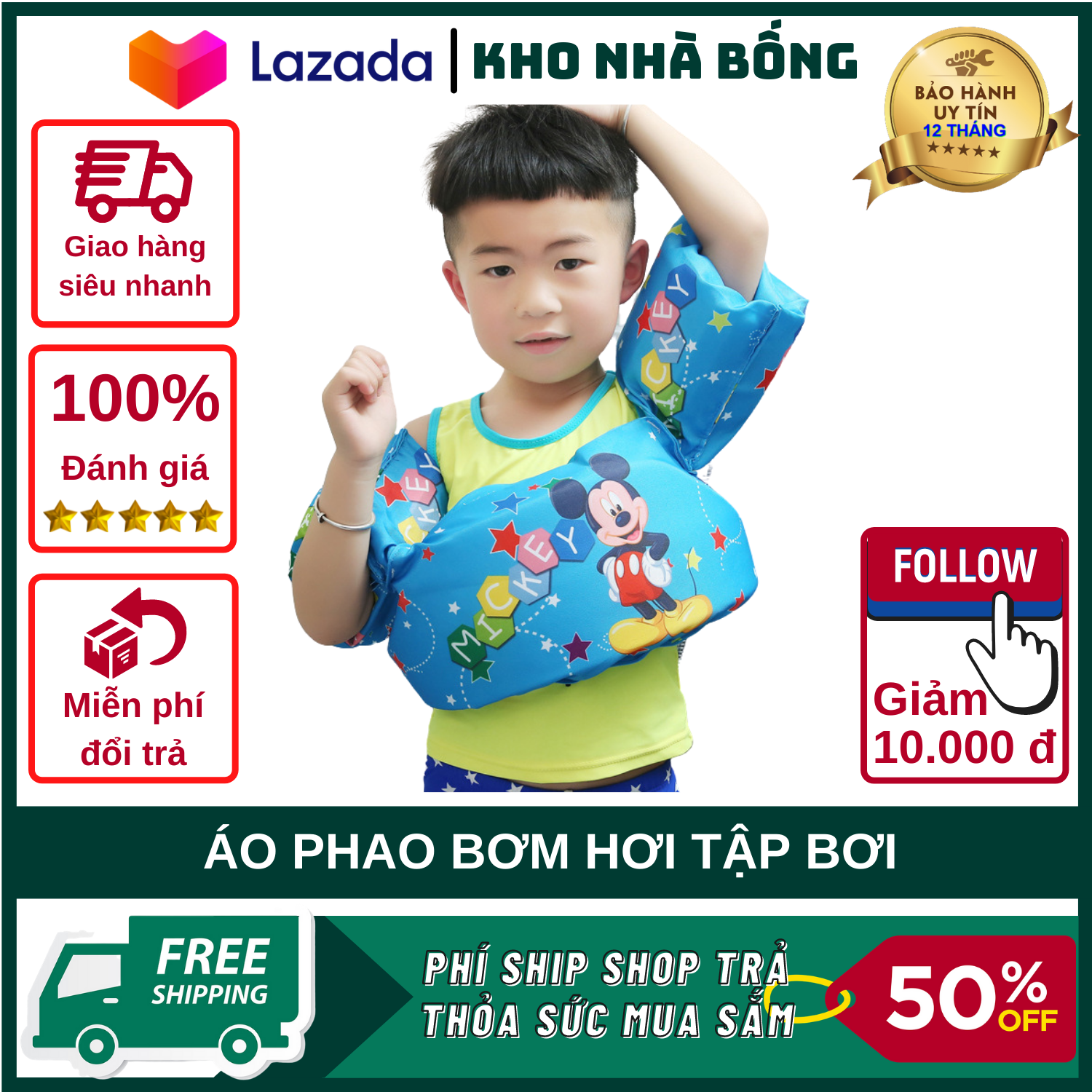 Áo phao bơi chống lật cho bé, phao bơi đeo vòng tay và bụng an toàn, thoải mái vận động