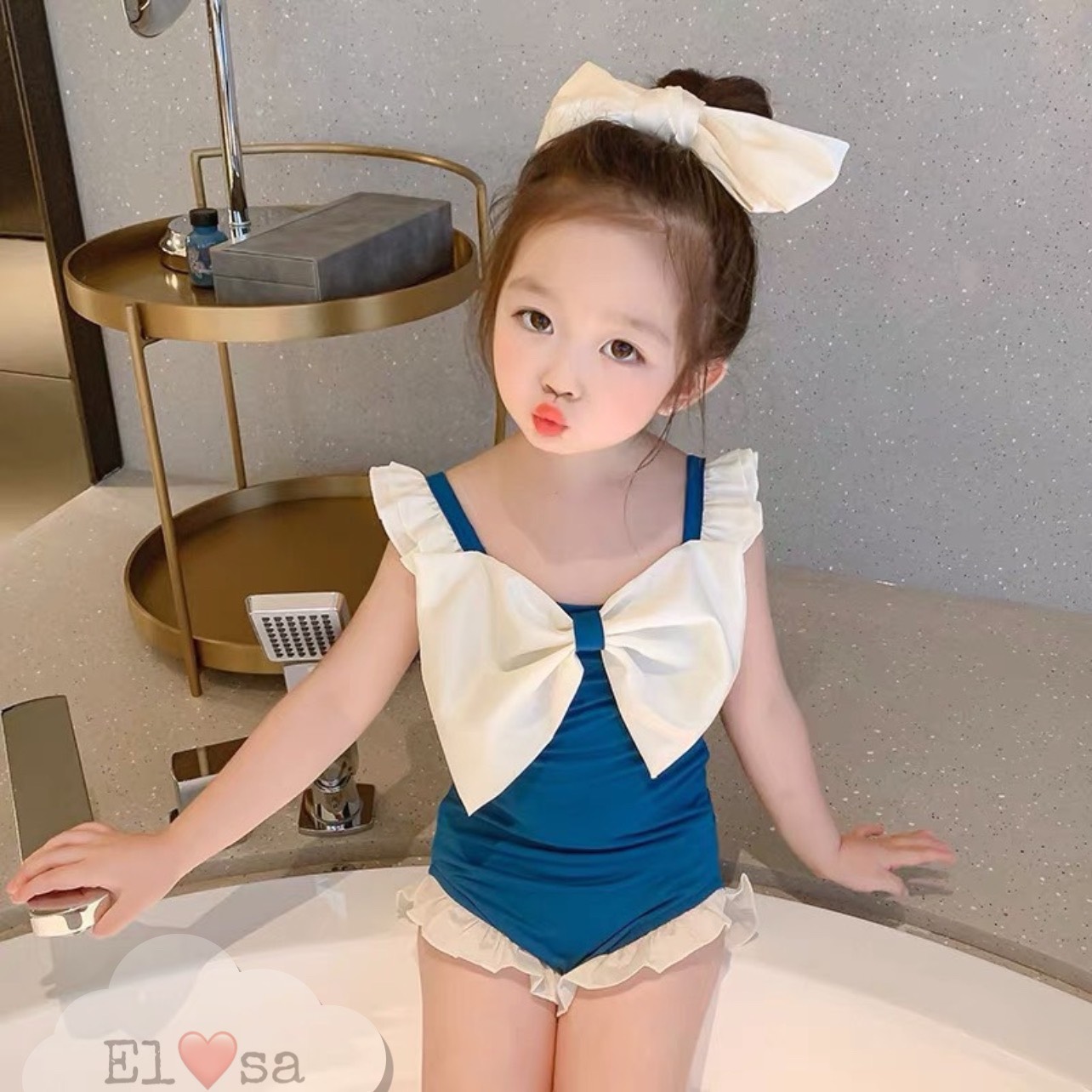 Đồ bơi bé gái, bộ bikini xanh dương bèo nơ trắng siêu xinh cho bé