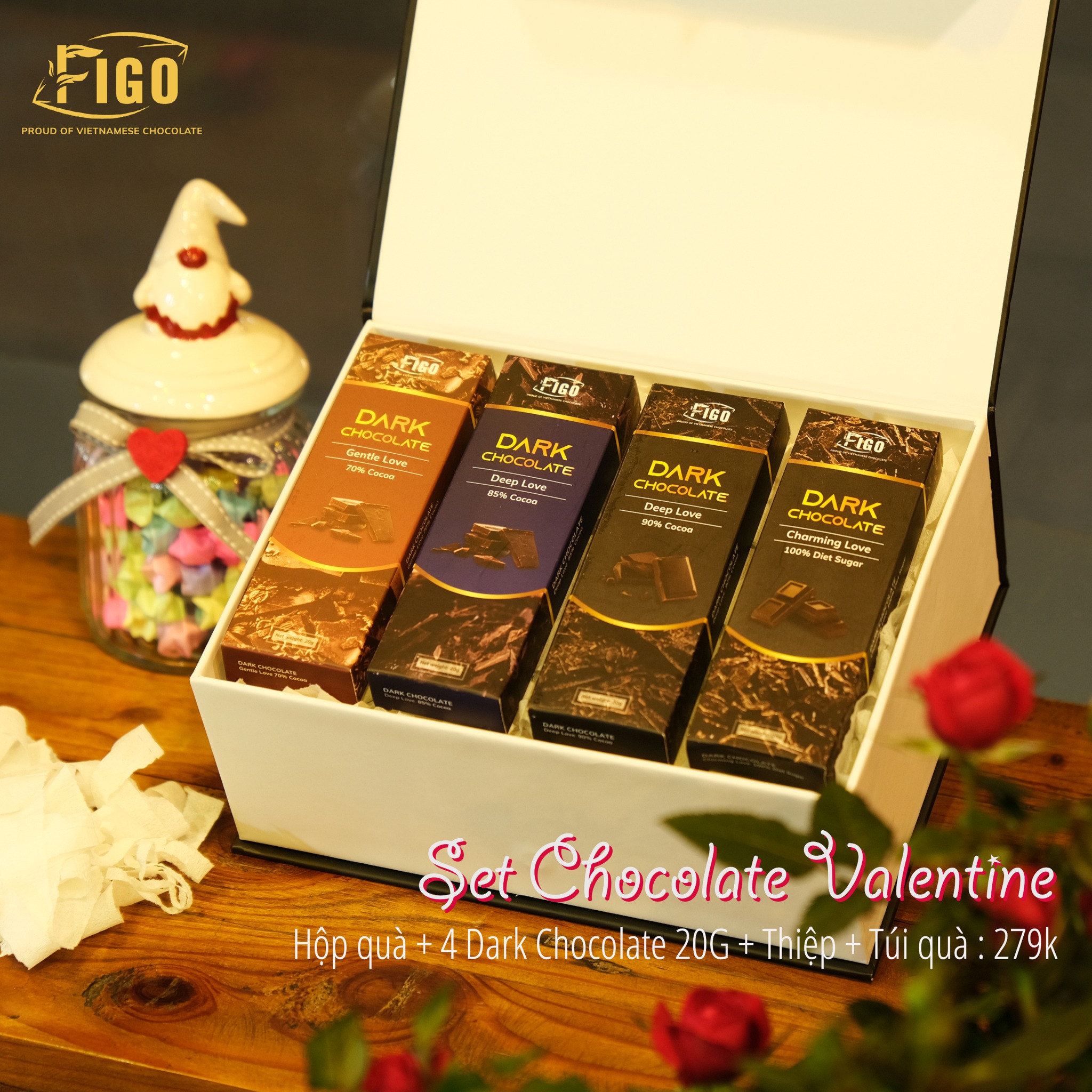 Set hộp quà trắng 4 hộp Socola đen 20g FIGO, quà tặng valentine