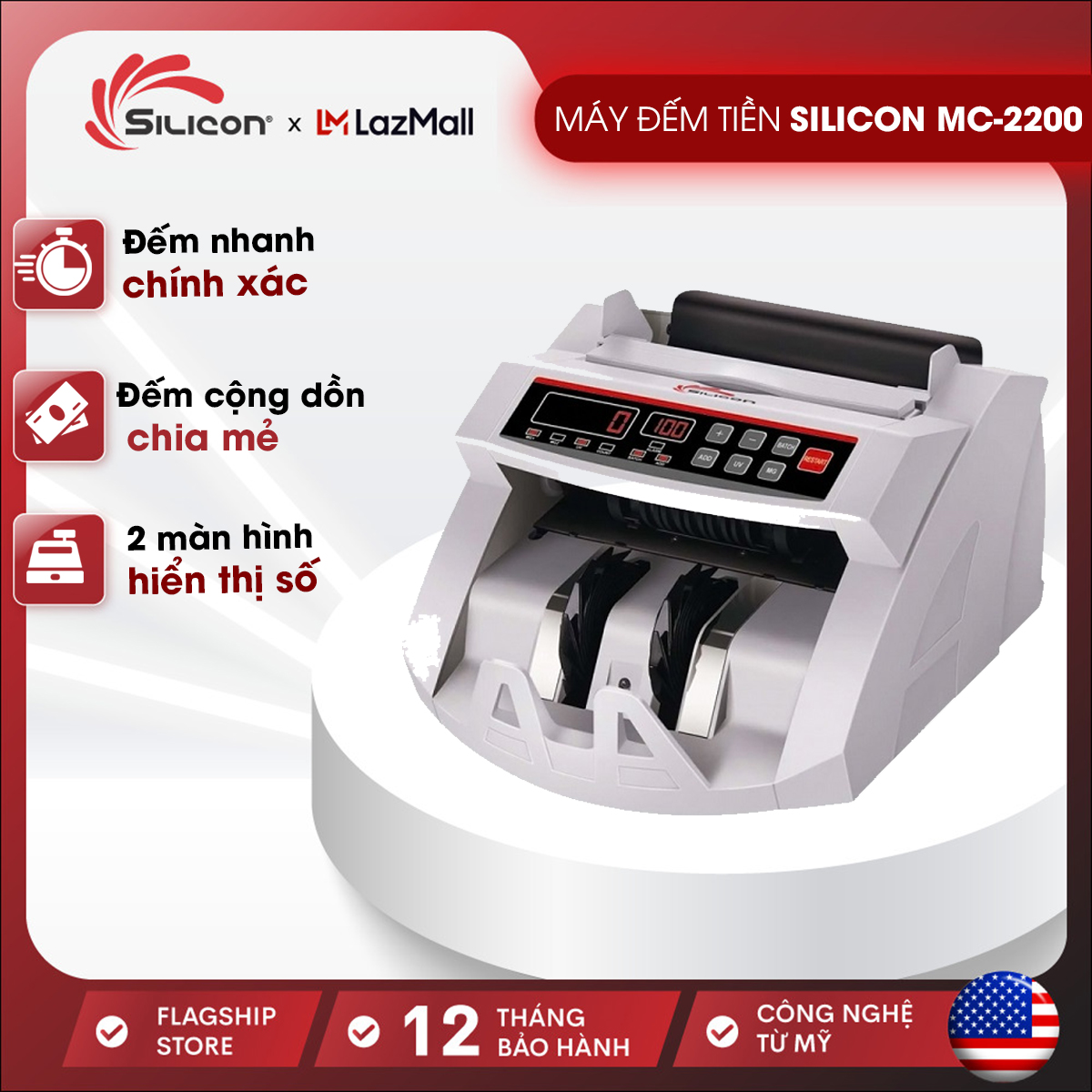 Máy đếm tiền mini tự động silicon mc-2200, tốc độ 1000 tờ/phút, đếm vnd,usd, eu - chính hãng bảo hành 1 năm