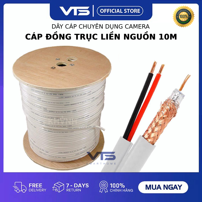 Dây cáp đồng trục liền nguồn 10m - chuyên dùng cho camera các loại ezviz - imou - hikvison ... -vts smarthome